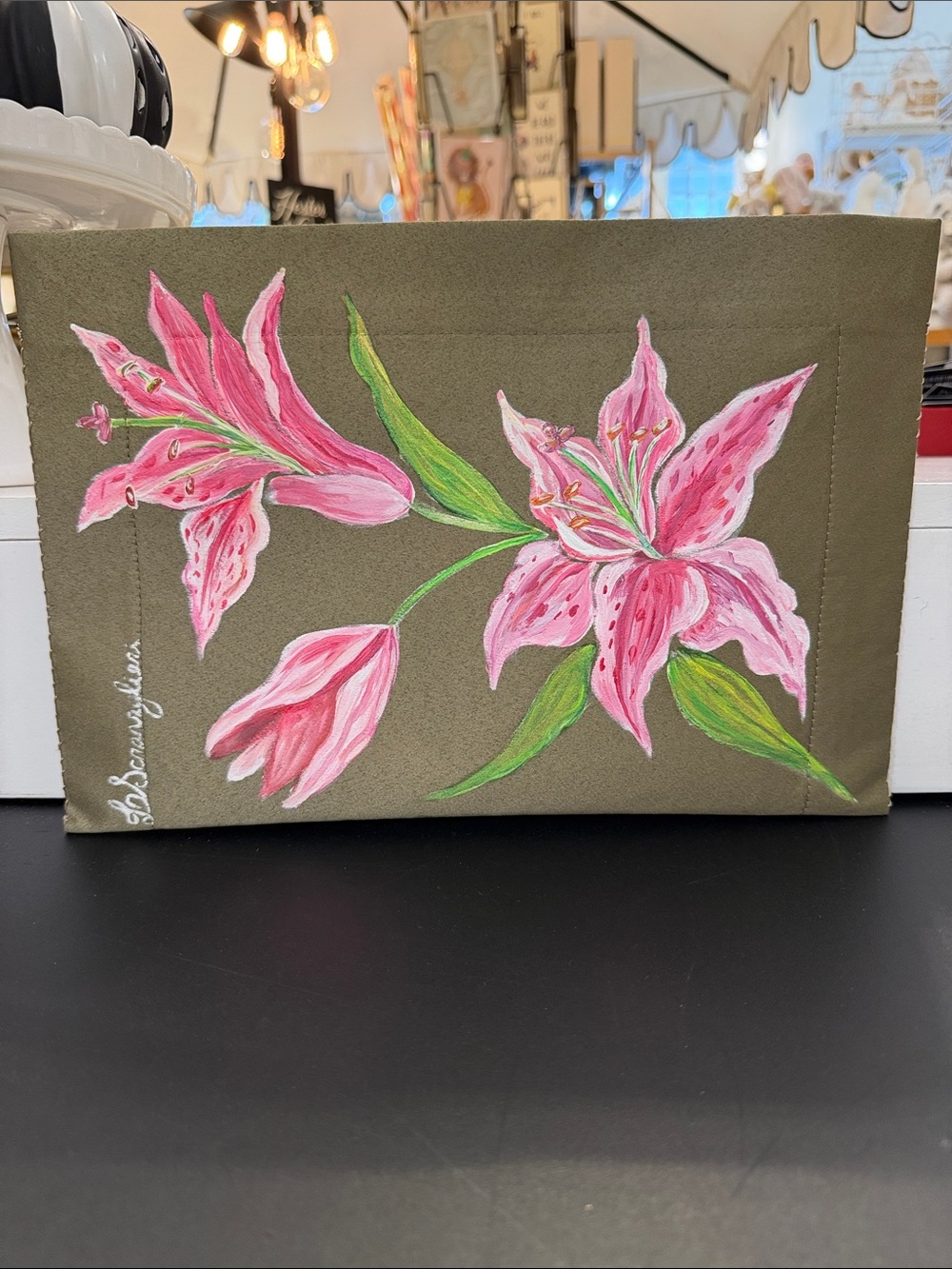Hand-Painted Pink Floral Canvas Clutch